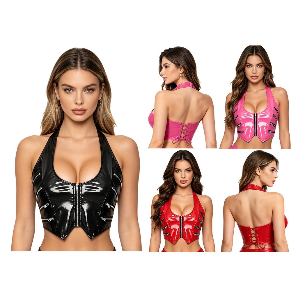 Top Corto da Donna con Scollo all'Americana in Pelle PU Lucida Dettagli Zip Zip Frontale Allacciatura Posteriore Scollo a V Mini Corsetto Y2k Clubwear