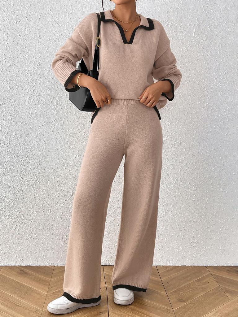 Women S Two Piece Set Polo Neck Long Sleeve Sweater And Wide Leg Pants