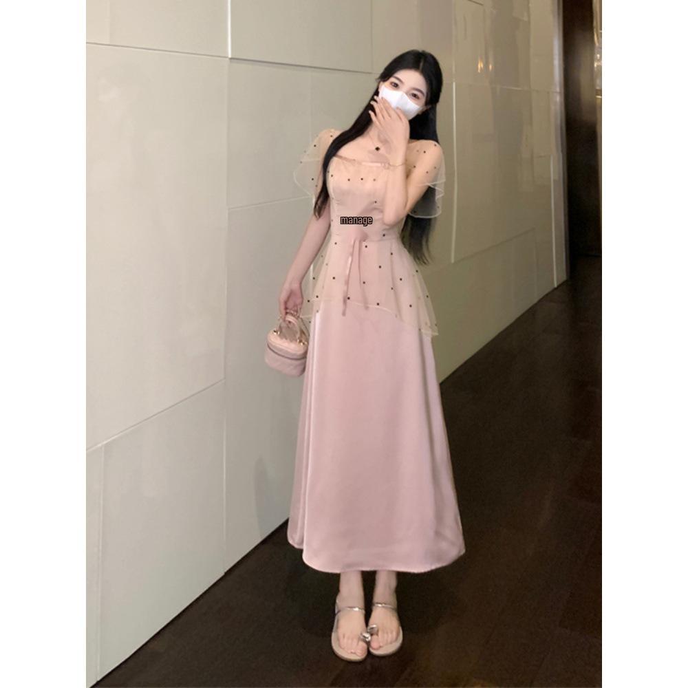 

Романтичное платье А-силуэта с сетчатой вставкой в горошек для женщин - Весенняя коллекция 2025 L (100-110 jin)