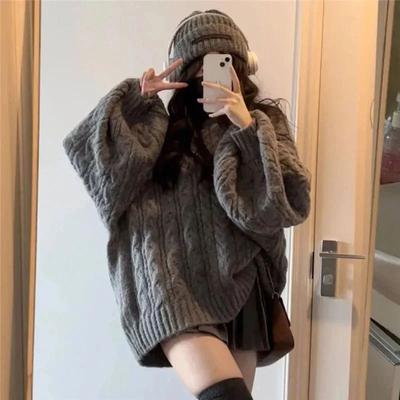 Women's Fall and Winter Korean Style Loose Thickened V-neck Sweater Students Lazy Wind Retro Tops