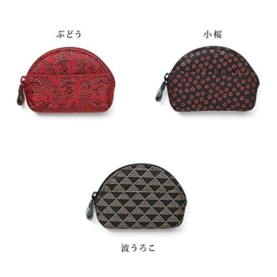 INDEN-YA Echtes Inden-Leder Bergförmige Reißverschluss-Münzbörse (Schwarz mit Rotlack, Kleines Kirschblütenmuster)  Authentisches Damenleder