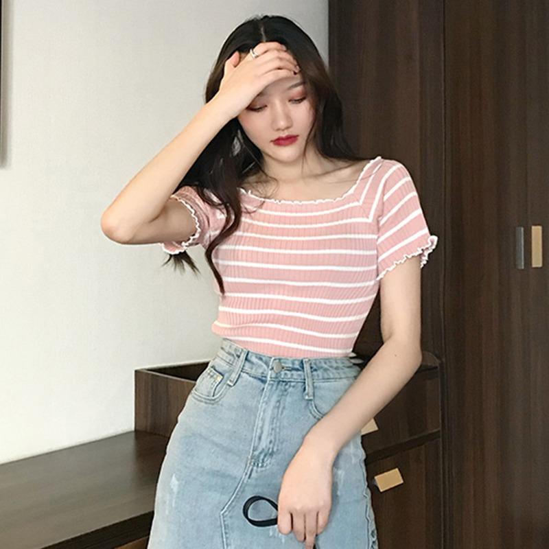 Women's Slash Neck Striped Short Sleeve Knitted Ruffles T-Shirt