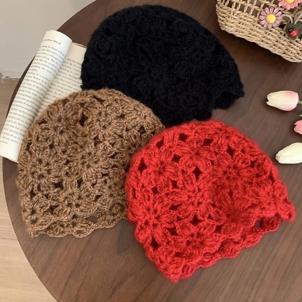 Handmade Knitted Pullover Hat Hollow Beanies Cap Cute Crochet Flower Hat  Girls
