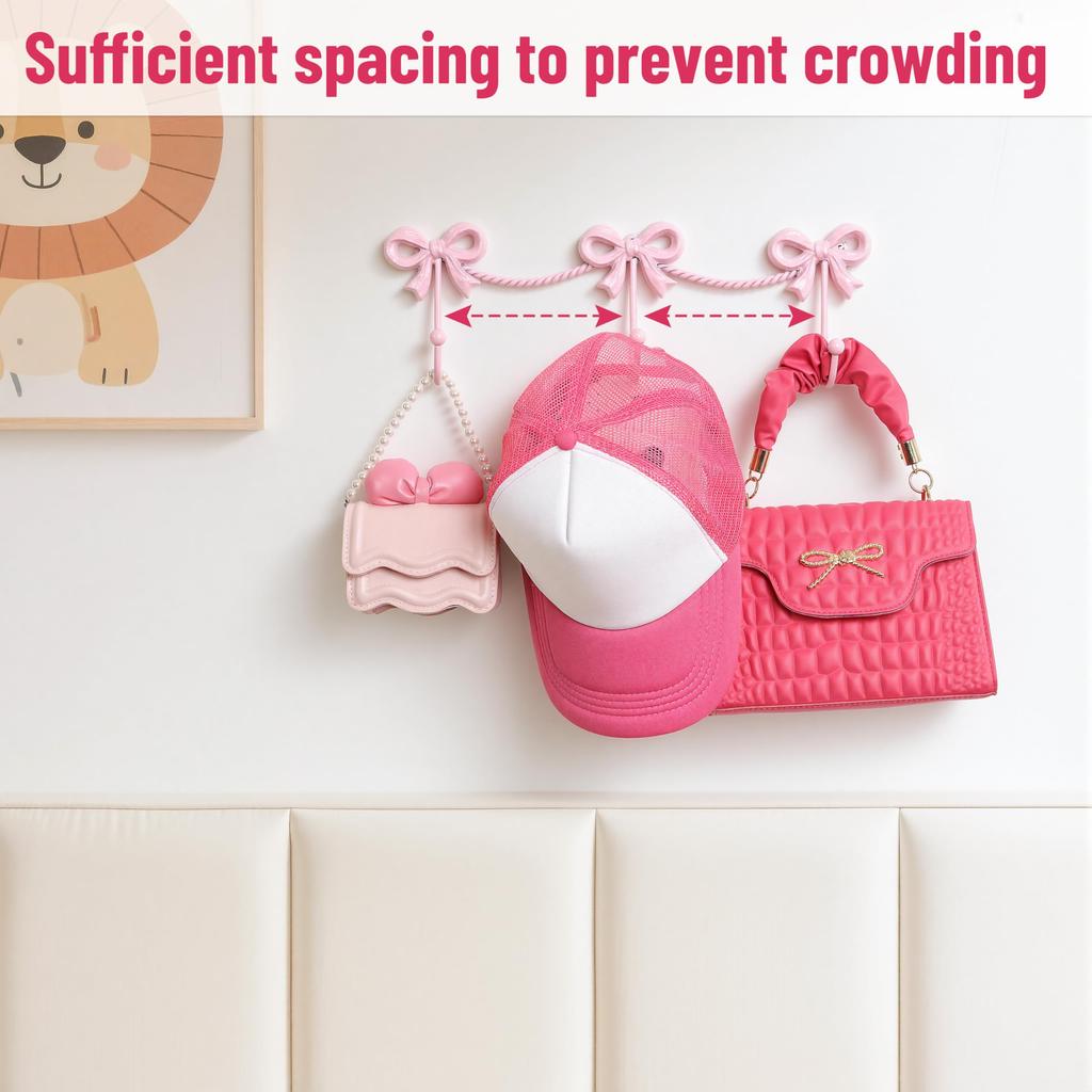 Pink Bow Wall Hooks - Metal Triple Hanger with 3 Decorative Hooks for Towels Robes Bags in Girls Bedroom or Bathroom