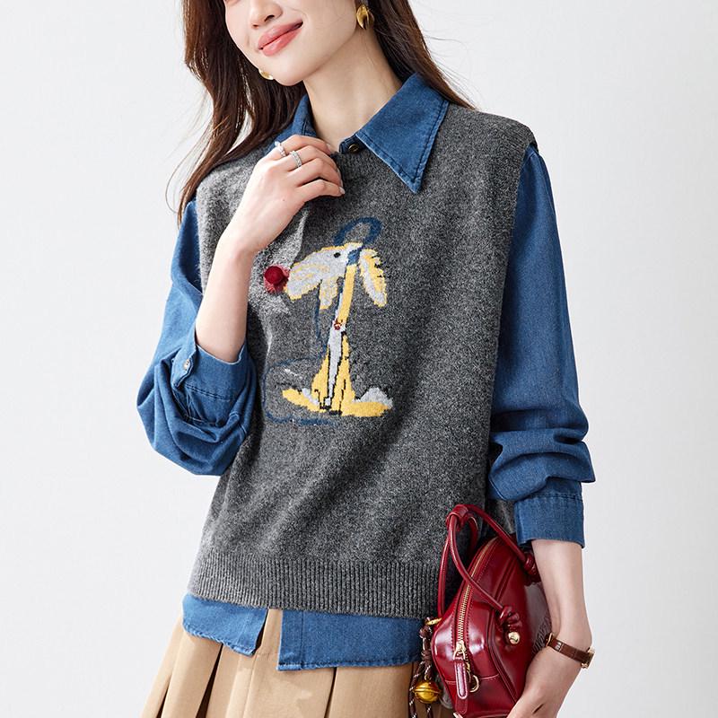 Women s Spring Two-Piece Set: Denim Shirt & Knit Vest, Fashionable Sleeveless Layering Outfit Extra Large