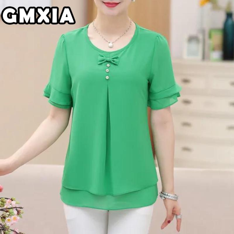 GMXIA Women's Fashion Casual Leisure Solid Color Print Short Sleeve O Neck Blouses & Shirts