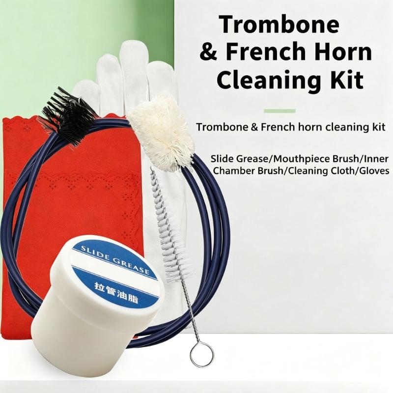 Trombone And French Horn Cleaning Set With Mouthpiece Brush Bore Brush Slide Grease & Polishing Cloth For Brass Instrument