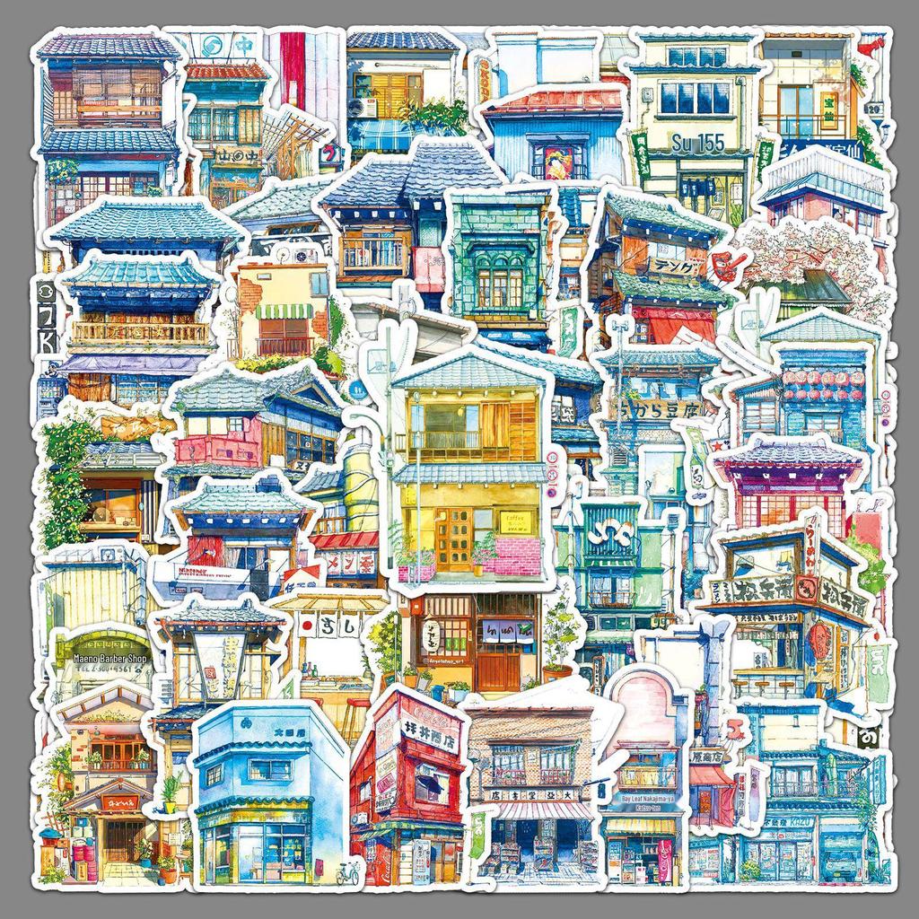 50 Japanese Street Style Cartoon Graffiti Scenery Waterproof Stickers for Journals and Computers.