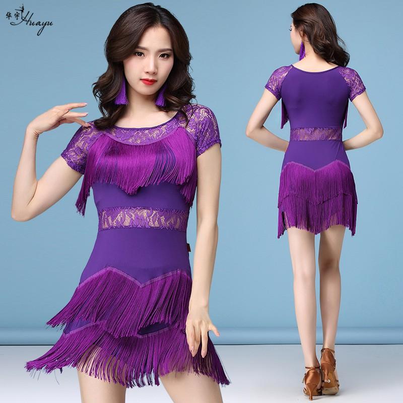 Womens Latin Dance Dress With Lace Fringe Detail Milk Silk Fabric Stage Performance Costume Ballroom Competition
