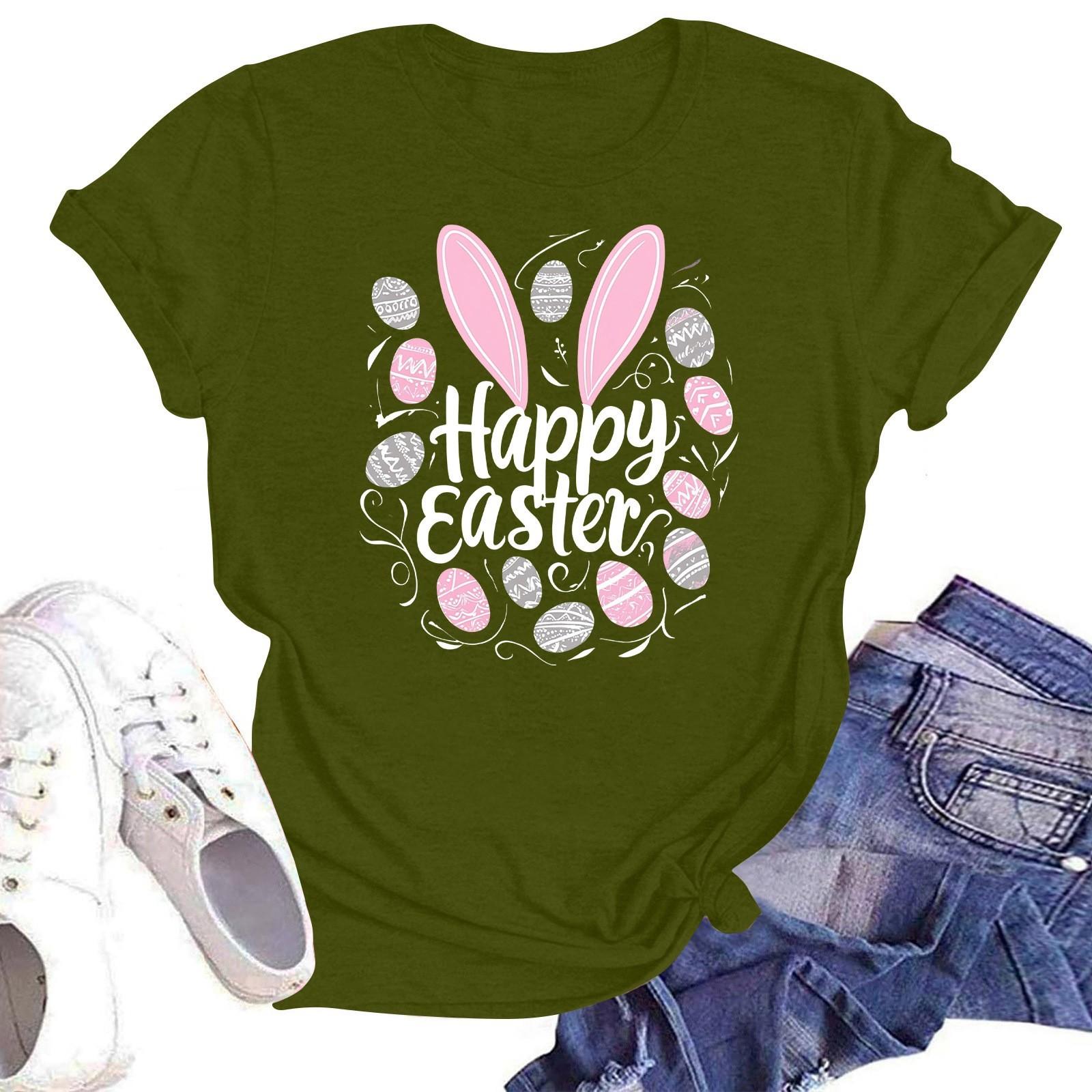 

Счастливой Пасхи женская мода принтованный круглый вырез короткий рукав футболка пуловер топ L армия зеленый