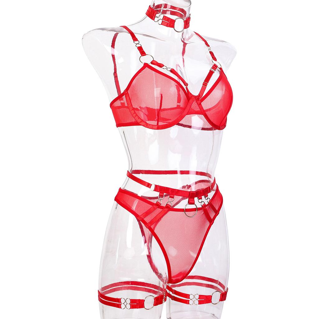 Tooxika Erotic Dámské Síťované Průhledné Sexy Spodní prádlo Červené Valentýnská 5dílná sada