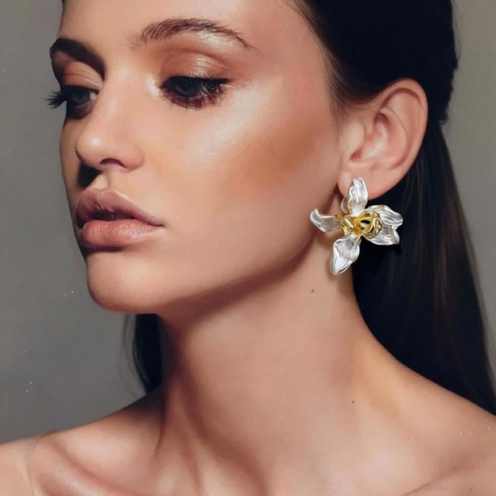 1 pair Luxury Golden and Silver Earrings Zinc Zinc Alloy Metal Flower Ear Studs Enamel Iris Earrings  Girls