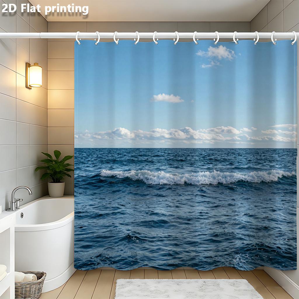 

Realistic Ocean Waves & Blue Sky Shower Curtain 1Pc With 12 Hooks For Bathroom Home Decor Polyester 2D Flat Print 70.8X70.8 Inch W60H190(CM)-1 Pcs