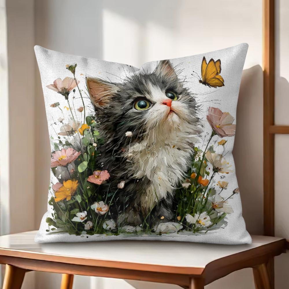 cute cat and flower Cushion Cover Natural Linen Organic Fabric DoubleSided Printing Couch Pillow Covers Home Decor Gift