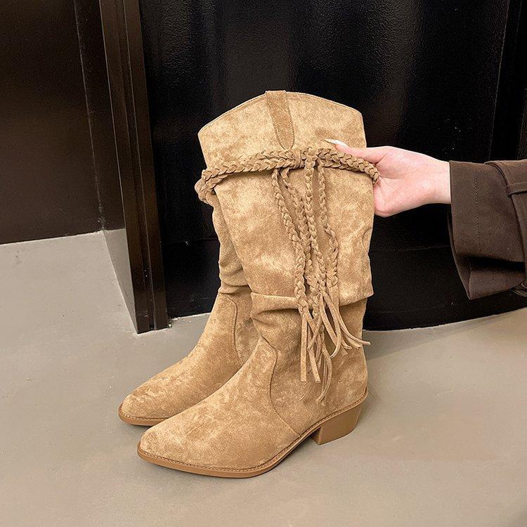 Pointed Heel Khaki Knight Boots Tall Cowboy Boots Long Boots 42 абрикосовый