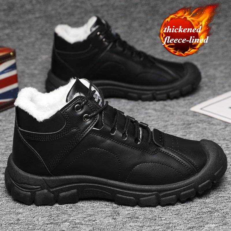 

Зимние водонепроницаемые кожаные сноубутсы для мужчин, теплые на меху, утолщенные, мужские хлопковые ботинки, уличные нескользящие на платформе, для хайкинга, рабочие 46 чёрный