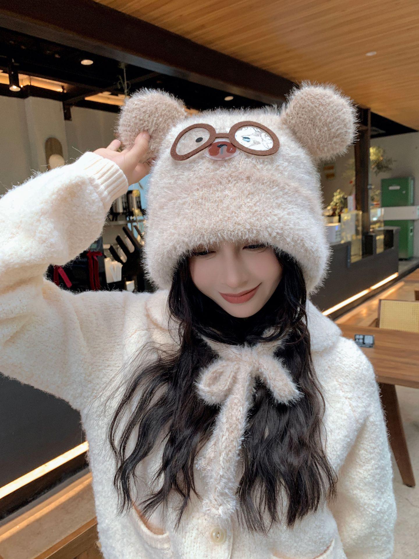 

Japanese Style Cute Plush Hat: Women s Warm Knitted Beanie for Autumn/Winter L (58-60cm) бежевый