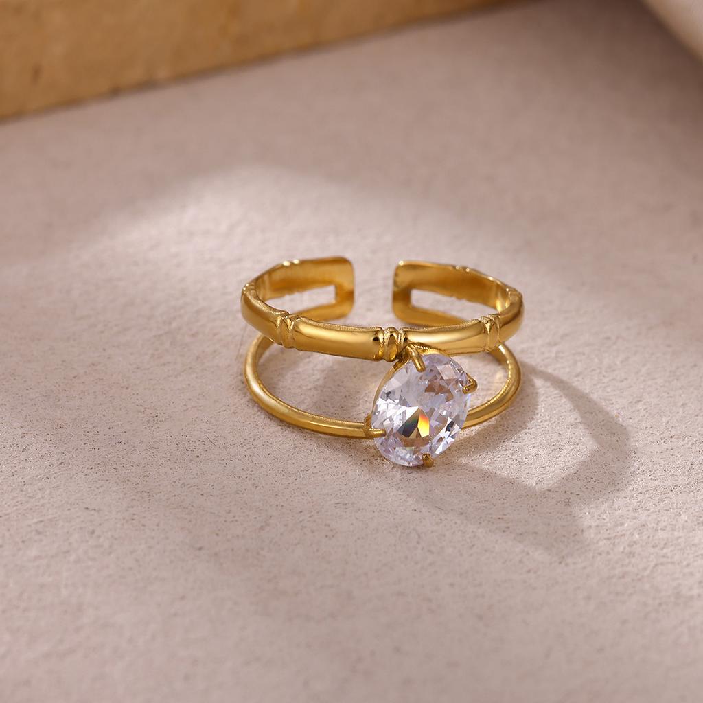 Vintage Romantic Green Stone Anillos Women Geometric Irregular Rings Stainless Steel Gold Color Waterproof Jewelry Elegant Party