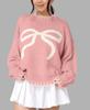 Women's bow-tied jacquard sweater autumn and winter lazy wind loose warm and comfortable jumper knitted sweater