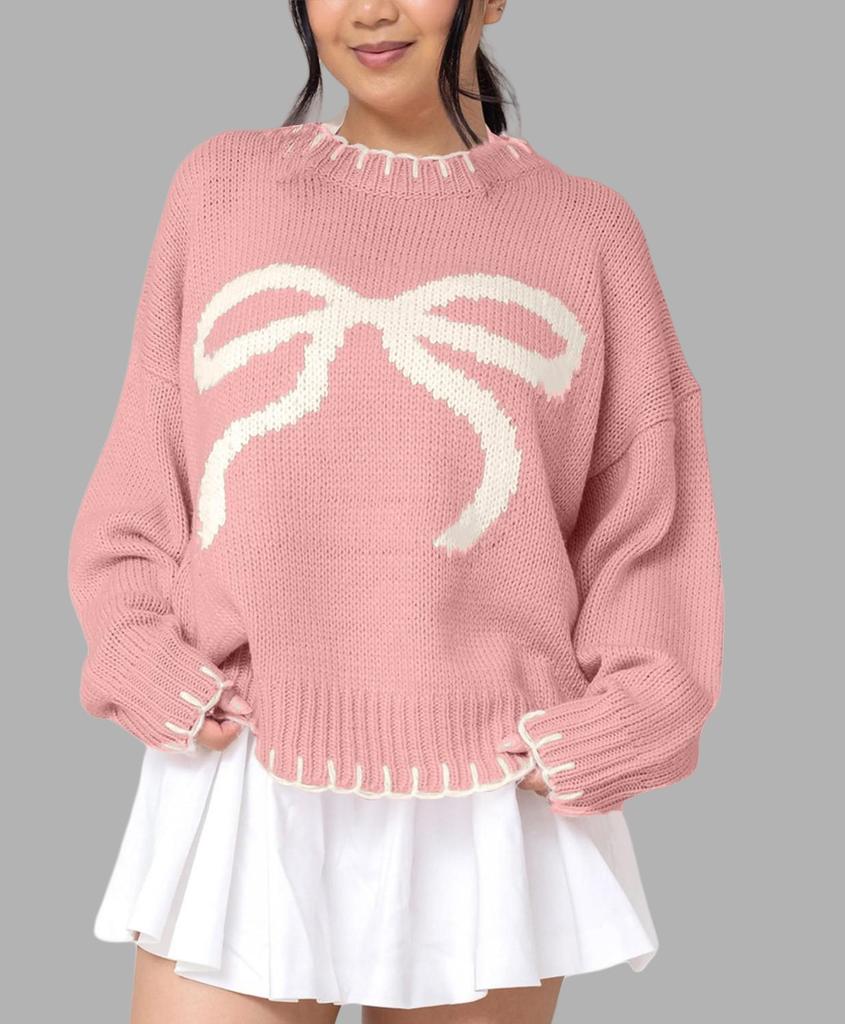 Women's bow-tied jacquard sweater autumn and winter lazy wind loose warm and comfortable jumper knitted sweater
