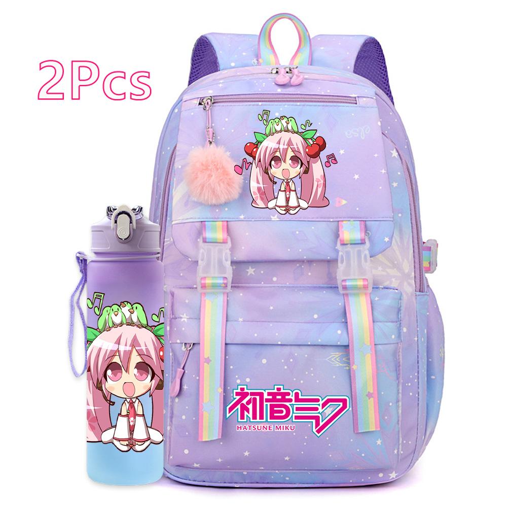 2 st/set Söt Hatsune Miku-tryckt Ryggsäck med 750 ml Vattenflaska för Tonårsflicka Pojke Skolväska Stor Kapacitet Vattentät Resväska Gåva