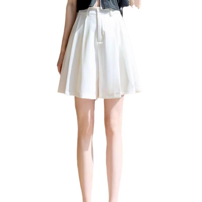 2024 New Black High-Waisted Pleated Wide-Leg Shorts - Slimming, Casual, Slit Design
