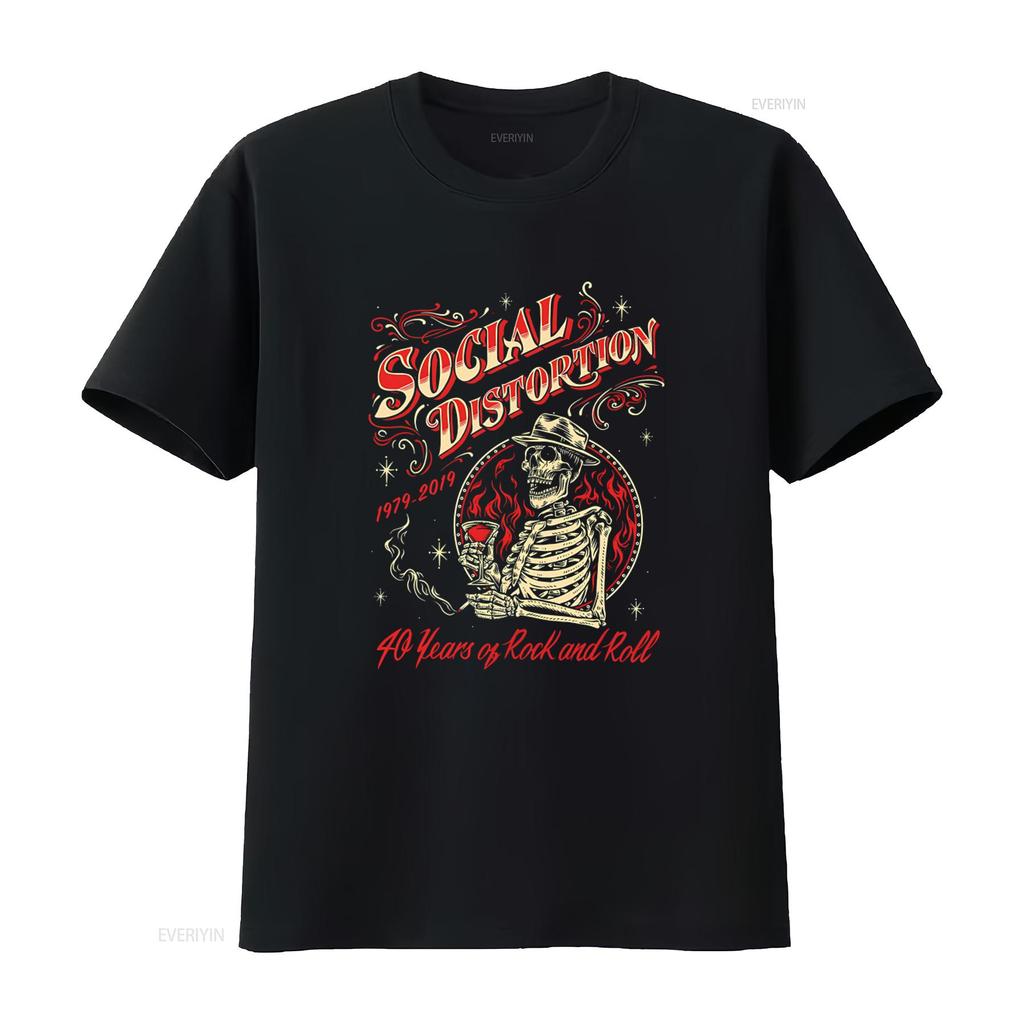 SOCIAL DISTORTION 40 Years Of Rock And Roll Skull Print T Shirt New Black For Fans vintage Washed Stylish fashion Slightly