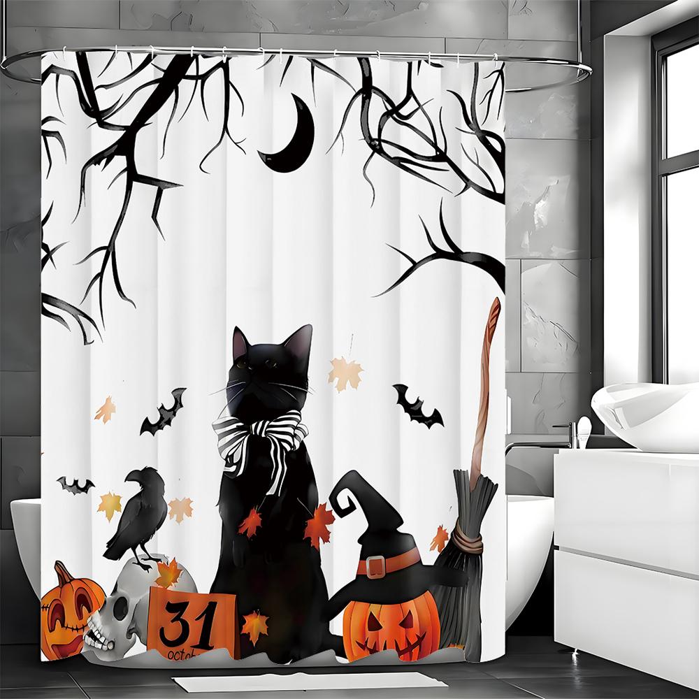 Halloween Pumpa Kattunge Duschdraperi, Dekorativt Duschdraperi för Badrum, Vattentätt Duschdraperi med Krokar