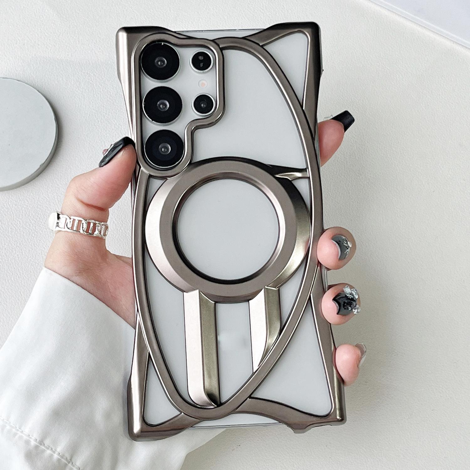 

For Samsung Galaxy S25 Ultra Matte Case Compatible with MagSafe Frameless Electroplated Hollow Design TPU Phone Cover Grey