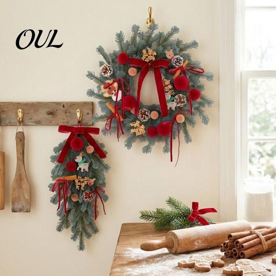 Handmade Wreath for Balcony Christmas Artificial Garland with Pinecones Cinnamon And Red Bows, Decorative Hanging Rustic Pinecone Pendants Winter