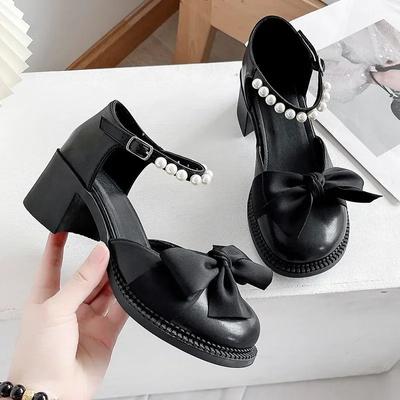 Fashion 2024 New Mary Jane Shoes Bow Tie Thick Sole Round Toe Casual High Heels Sweet Latest Lolita Outdoor Fashion Comfortable Pearl