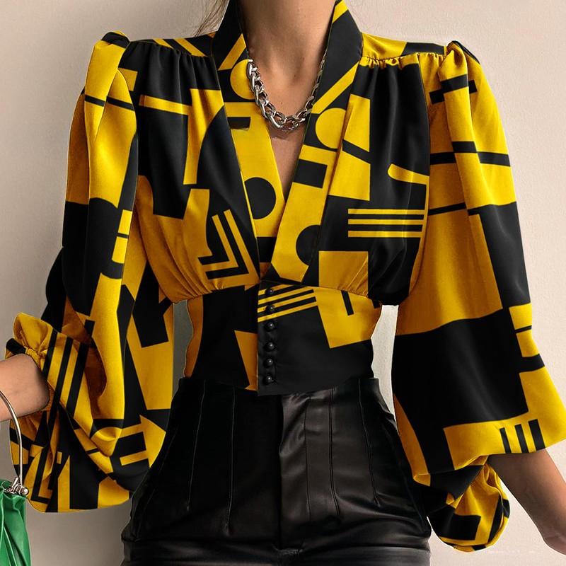 Spring and Autumn Women's Temperament Button V-neck Lantern Sleeve Blouse Shirt