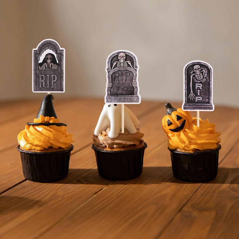 8pcs Paper Halloween Tombstone Cupcake Toppers Scary Cake Sign Graveyard Cake Picks Ghost Festival