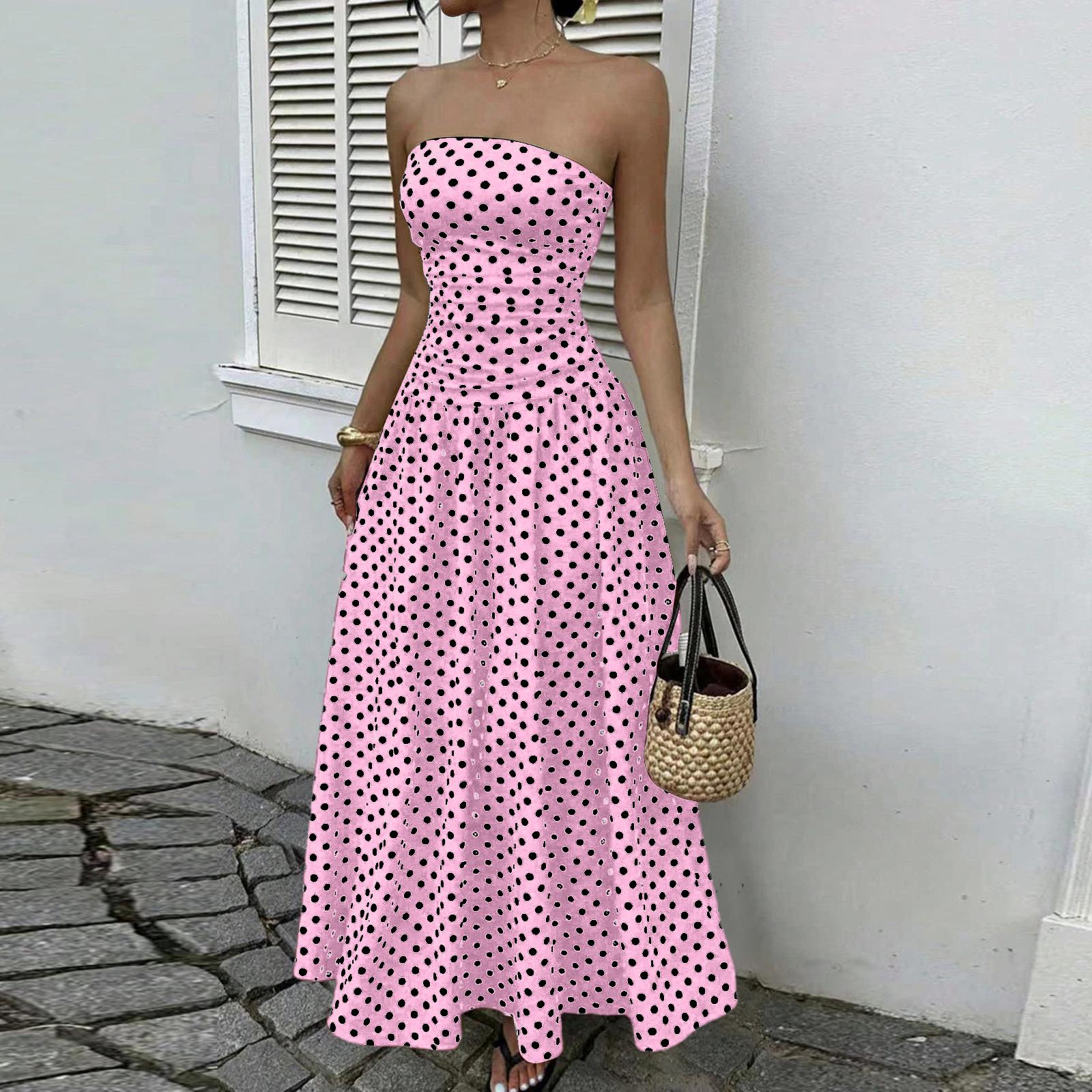 

Women Off Shoulder Polka Dot A Line Dress Elegant Waist Slim Evening Gown Strapless Maxi Formal Dress for Parties XL рожевий