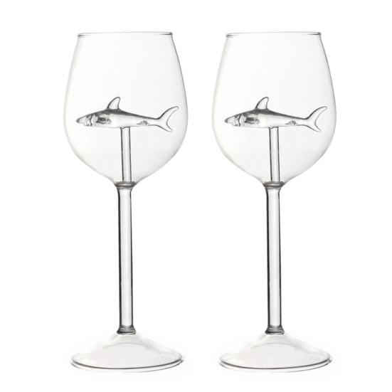 Zestaw Kieliszków do Wina Rekin Ręcznie Dmuchane Bezołowiowe Szkło Kielich z Rekinem 3D Wewnątrz 300ml Kreatywny Motyw Rekina Akcesoria Barowe Prezent dla Mężczyzn Kobiet Miłośników Rekinów