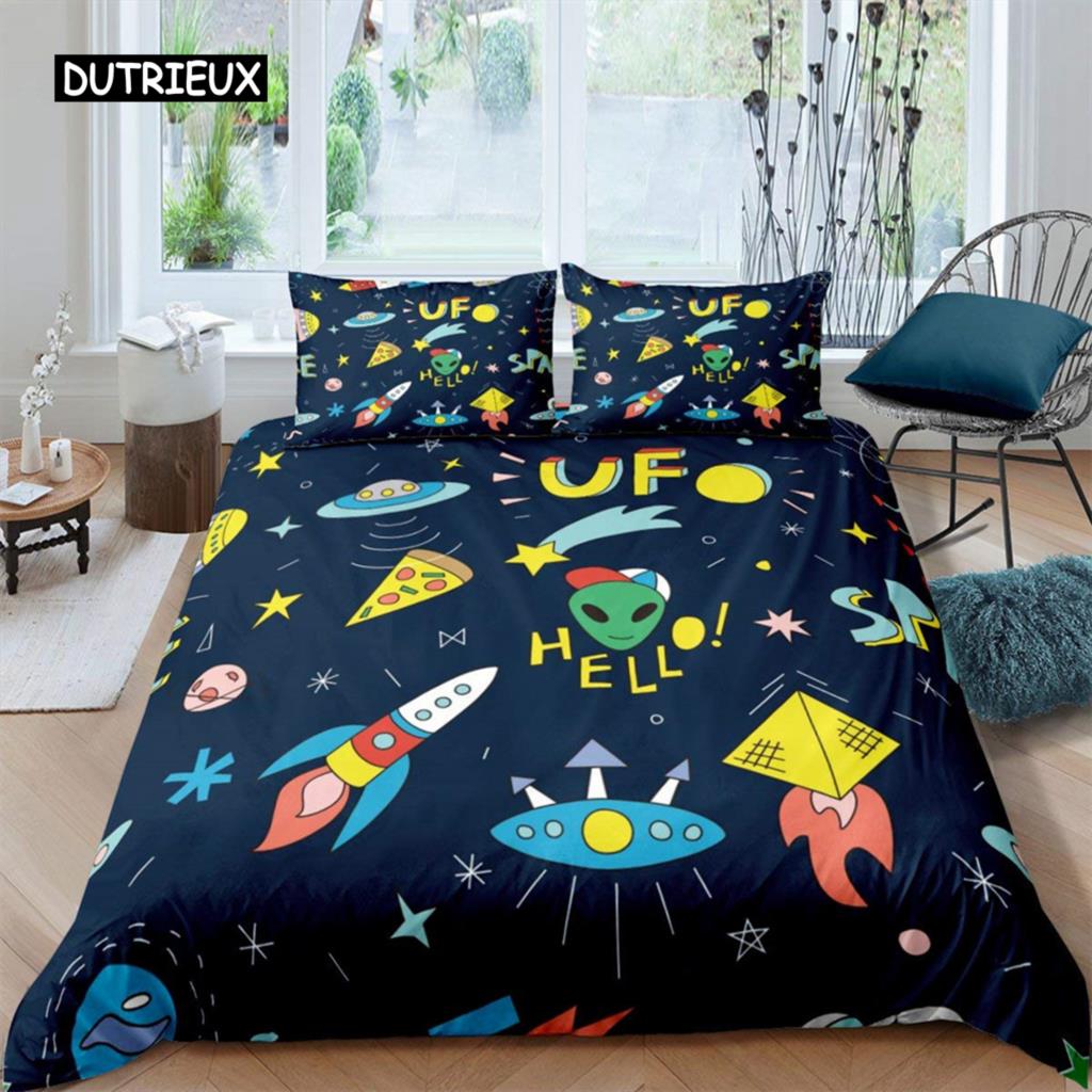 Colorful Alien Duvet Cover Fantasy Alien Skull Bedding Set Psychedelic Space Queen King Alien Gift Bedroom Decoration Men Boys