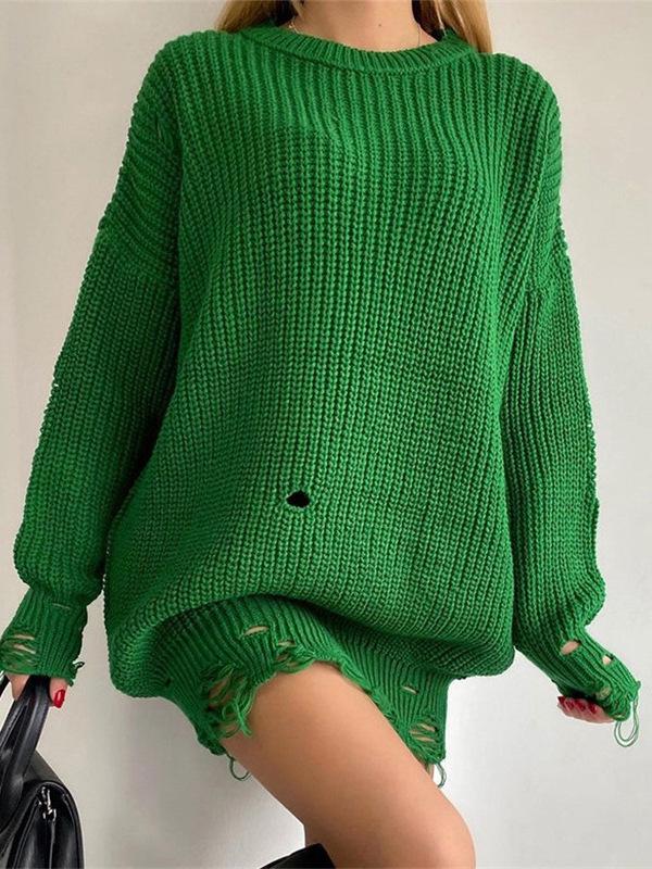 Women's Autumn/Winter Solid Color Ripped Knit Sweater Dress - Round Neck, Long Sleeve, Mid-Length Pullover