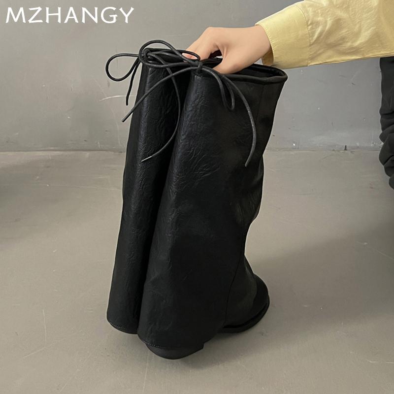 High Boots Women's Mid Heels Chunky Designer Shoes  Fashion Chelsea Boots Pumps Lace Up Leather Shoes New Autumn Mujer Boots