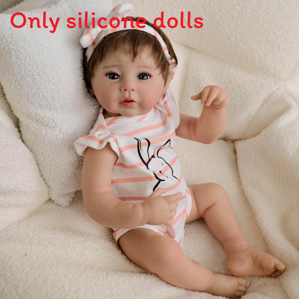 

19inch Silicone Reborn Baby Doll With Striped Headband And Rabbit Print Clothing Decorationfor Collectors And Gift Givers