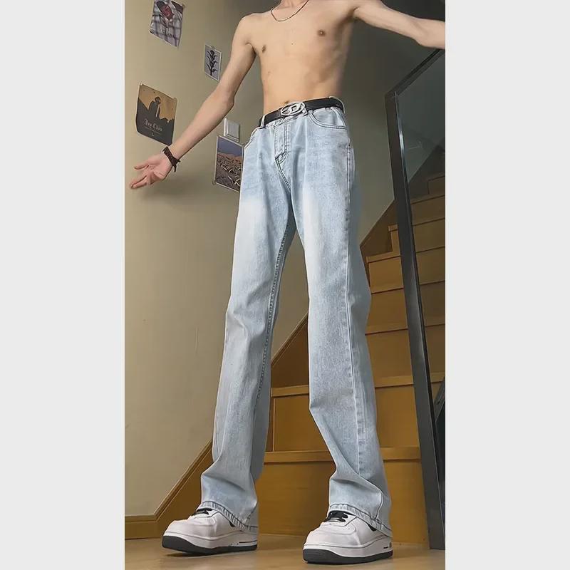 Light Blue Men's Flared Machete Jeans - Versatile American High Street Style, Straight Leg Summer Pants.
