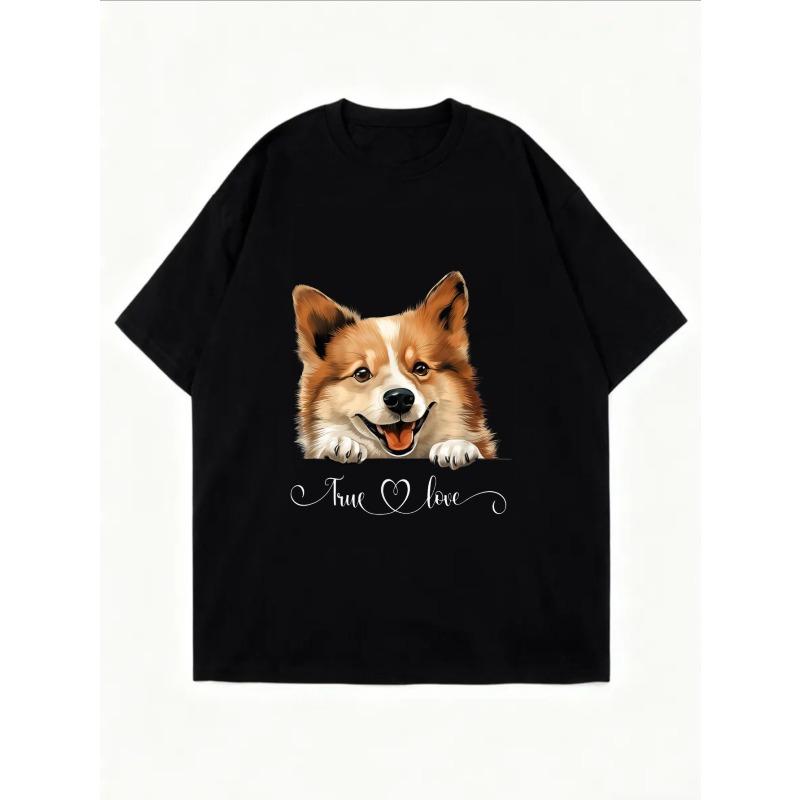 Corgi Dog Print T Shirt White Cute Corgi Face And True Love Text Design Casual Everyday Wear For Women And Girls