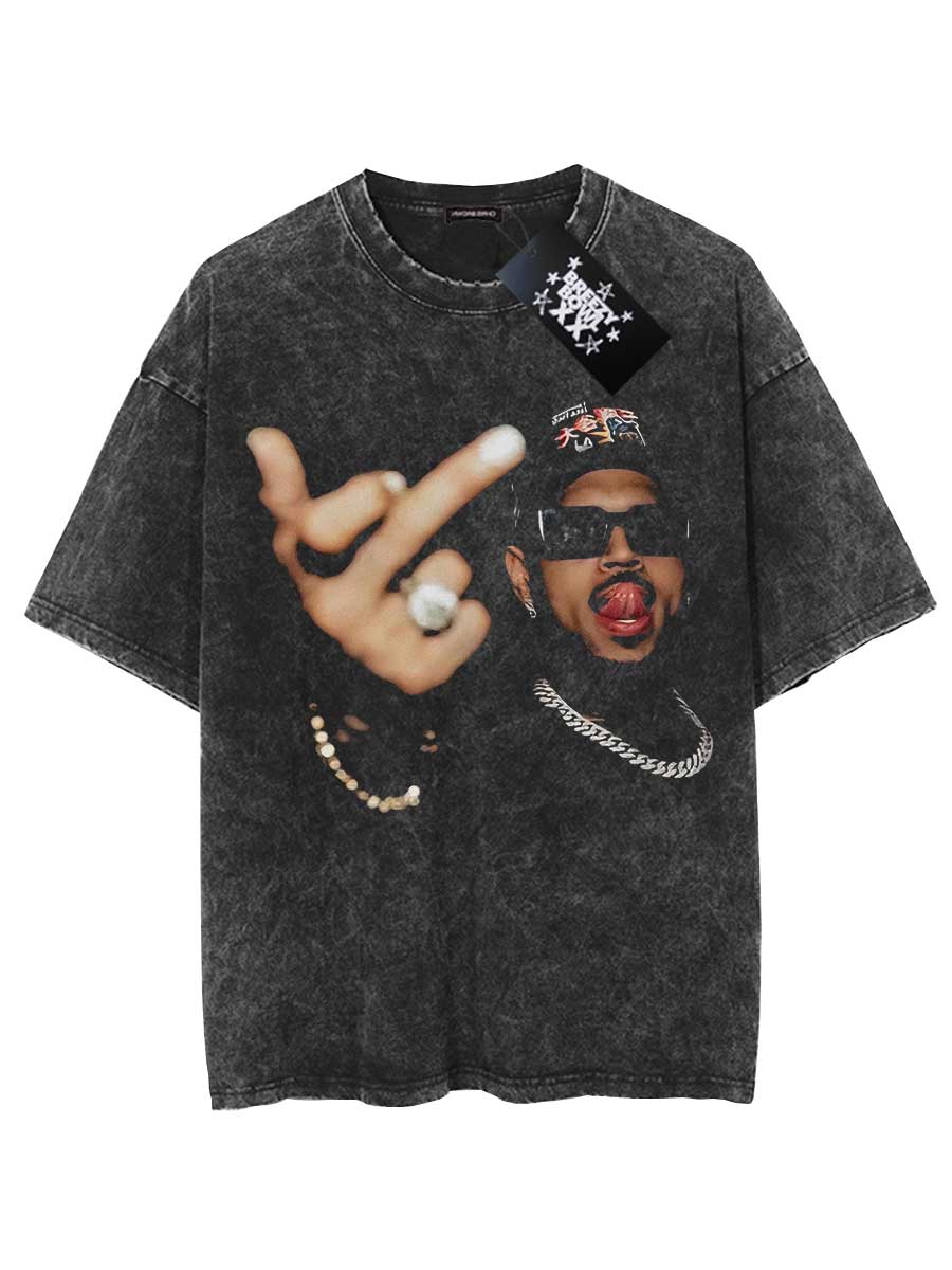 

Chris Brown Middle Finger Oversized T shirt Washed Vintage Cotton Hiphop Streetwear CB S