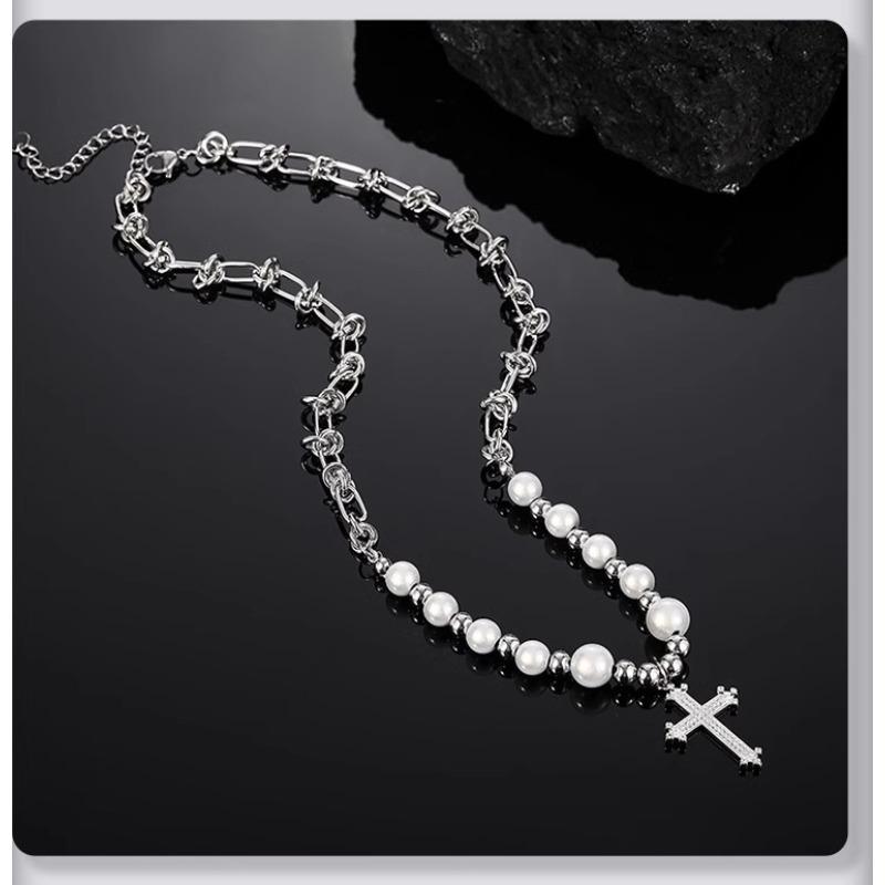 Necklace - Men s Niche Versatile Men s Pearl Style Cross Necklace Hip-hop Style High-end Accessory