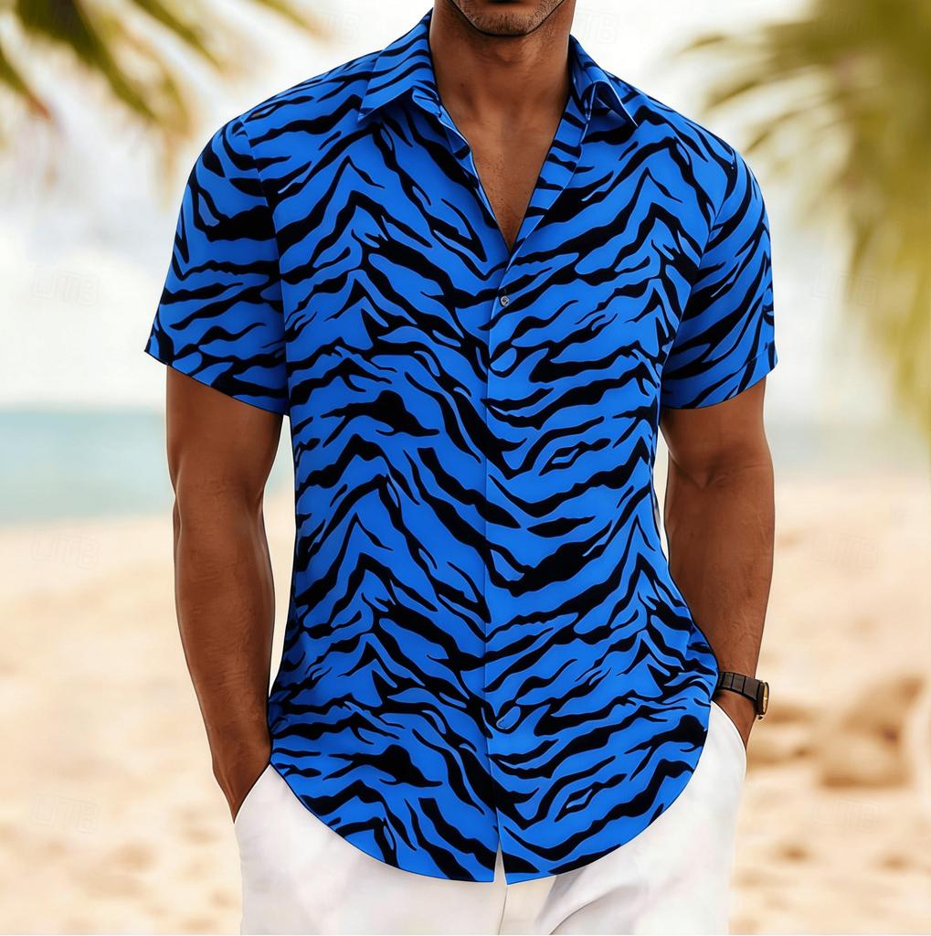 Men's Tiger Stripe Retro Style Short Sleeve Shirt, Spring Summer Edgy Casual Vacation Blouse, Loose Casual Top
