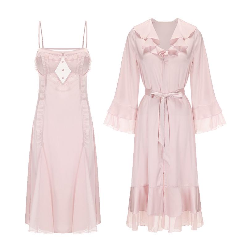 Rose Sweet Lingerie Set: Padded Camisole Dress with Tie-Front Robe