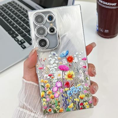 For Samsung Galaxy S25 Ultra Case Electroplated Floral Pattern IMD TPU+PC Phone Back Cover with Glass Lens Film