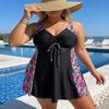 European & American Plus Size Floral & Leopard Print Two-Piece Swimsuit with Tankini Top & Skirt for Women