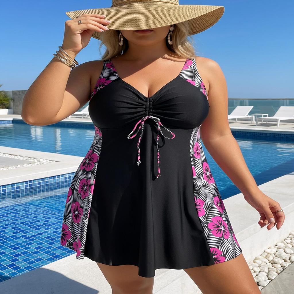 European & American Plus Size Floral & Leopard Print Two-Piece Swimsuit with Tankini Top & Skirt for Women