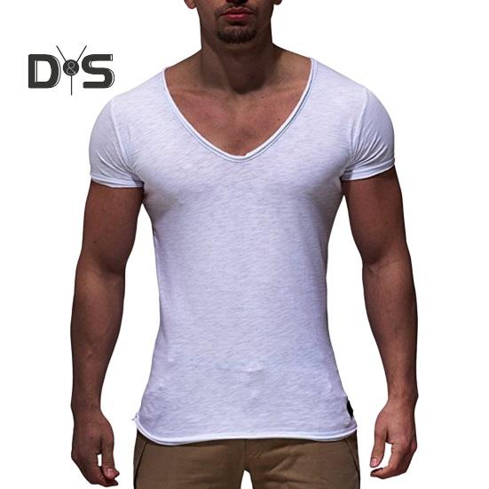 Men Summer T-shirt Short Sleeves V Neck Solid Color Soft Slim Fit Breathable Mid Length Elastic Casual Pullover Men Sport Top