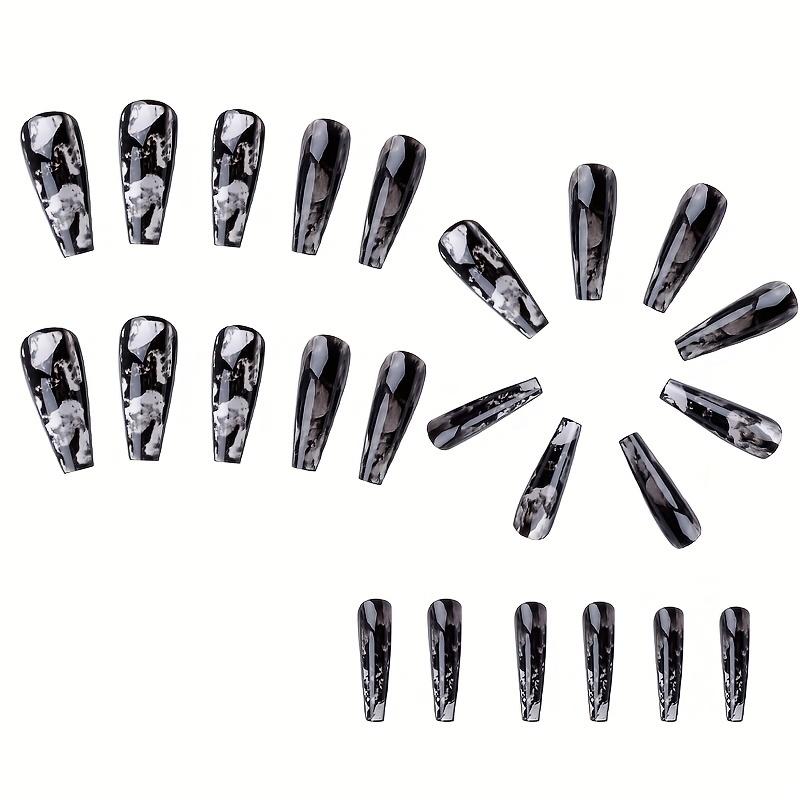 24pcs Exquisite Black Long Press On Nails with Halo Dyeing Designs Full Cover Ballerina Artificial Nails for Women -Easy To Apply and Remove with Glue